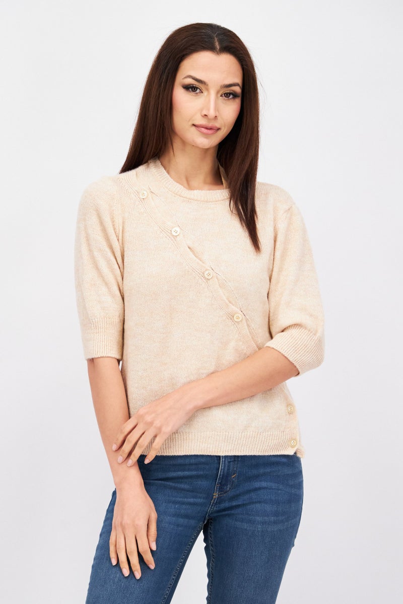 Etam Women Round Neck Elbow Sleeves Knitted Sweater, Beige - Image 1