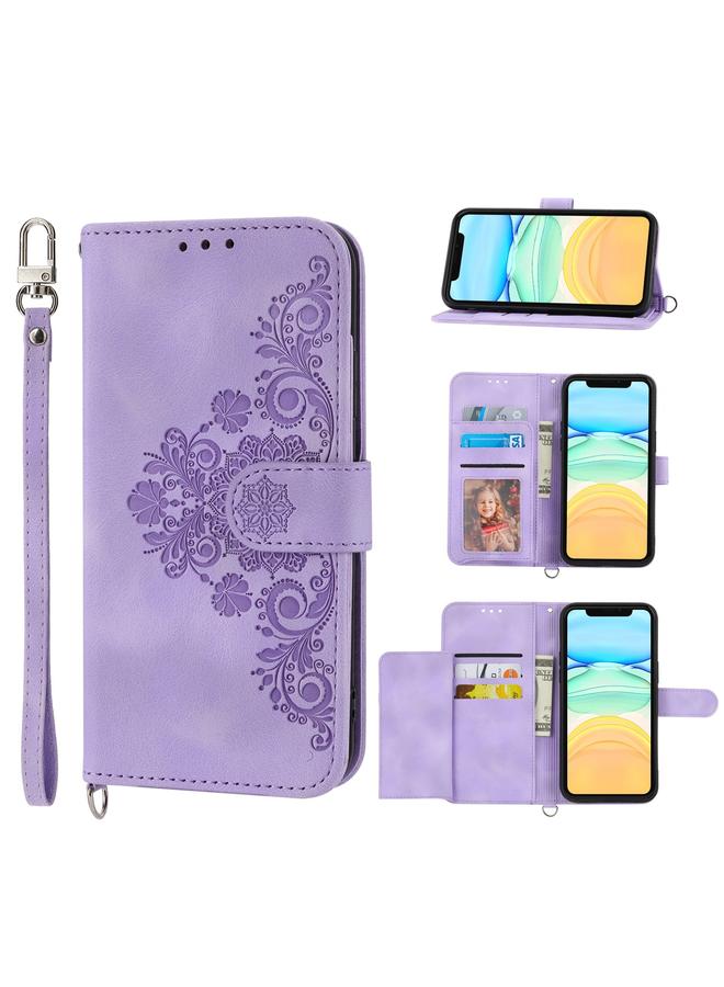 Zaboon Case For iPhone 11 Skin-feel Flowers Embossed Wallet Leather Phone Case - Image 1