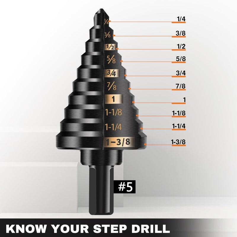KSEIBI KSEIBI #5 HSS Step Drill Bit Set 1/4-1 3/8" with 3/8 Shank - Black Oxide Finish for Metal, Wood, Plastic Drilling - Durable, Precision Multi-Sized Bits with 3-Flat Shank 575055  - Image 2
