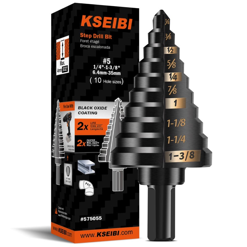 KSEIBI KSEIBI #5 HSS Step Drill Bit Set 1/4-1 3/8" with 3/8 Shank - Black Oxide Finish for Metal, Wood, Plastic Drilling - Durable, Precision Multi-Sized Bits with 3-Flat Shank 575055  - Image 1