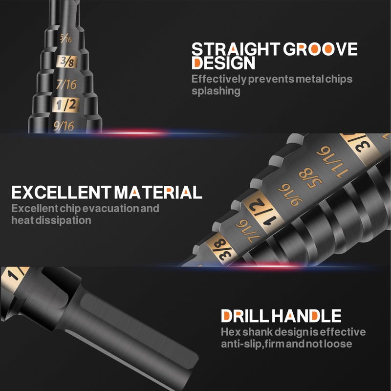 KSEIBI KSEIBI #5 HSS Step Drill Bit Set 1/4-1 3/8" with 3/8 Shank - Black Oxide Finish for Metal, Wood, Plastic Drilling - Durable, Precision Multi-Sized Bits with 3-Flat Shank 575055  - Image 5