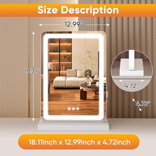 DUMOS 17"x13" LED Vanity Mirror with Lights, Dimmable 3 Color Modes Makeup Mirror with Memory Function, USB Charging, Aluminum Frame, Lighted Mirror for Desk or Bedroom - Image 3