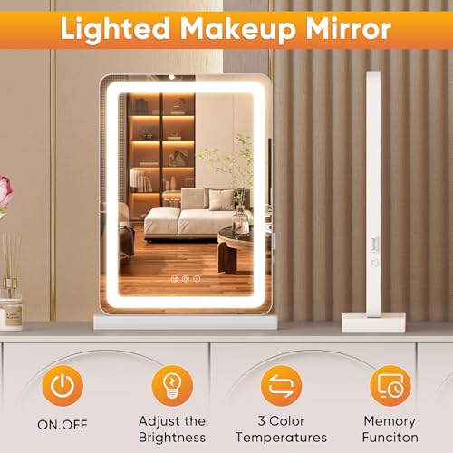 DUMOS 17"x13" LED Vanity Mirror with Lights, Dimmable 3 Color Modes Makeup Mirror with Memory Function, USB Charging, Aluminum Frame, Lighted Mirror for Desk or Bedroom - Image 2