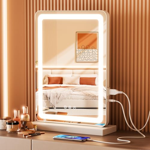 DUMOS 17"x13" LED Vanity Mirror with Lights, Dimmable 3 Color Modes Makeup Mirror with Memory Function, USB Charging, Aluminum Frame, Lighted Mirror for Desk or Bedroom - Image 1