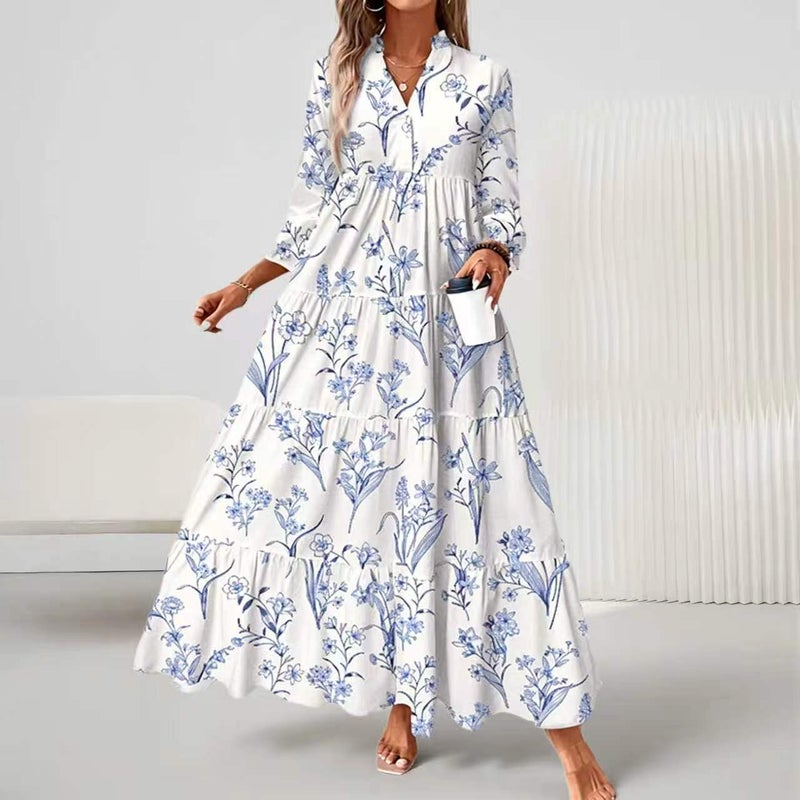 Elegant Long Floral Print Maxi Dress with French Style Flared Skirt - Image 2