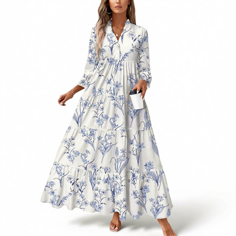 Elegant Long Floral Print Maxi Dress with French Style Flared Skirt - Image 1