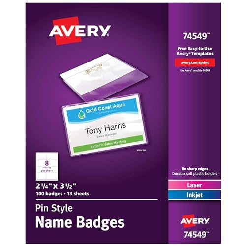 Avery Customizable Name Badges, Pin Style, 2.25" x 3.5", Clear Name Tag Holders, White Laser/Inkjet Printable Inserts, 100 Total (74549) - Image 1