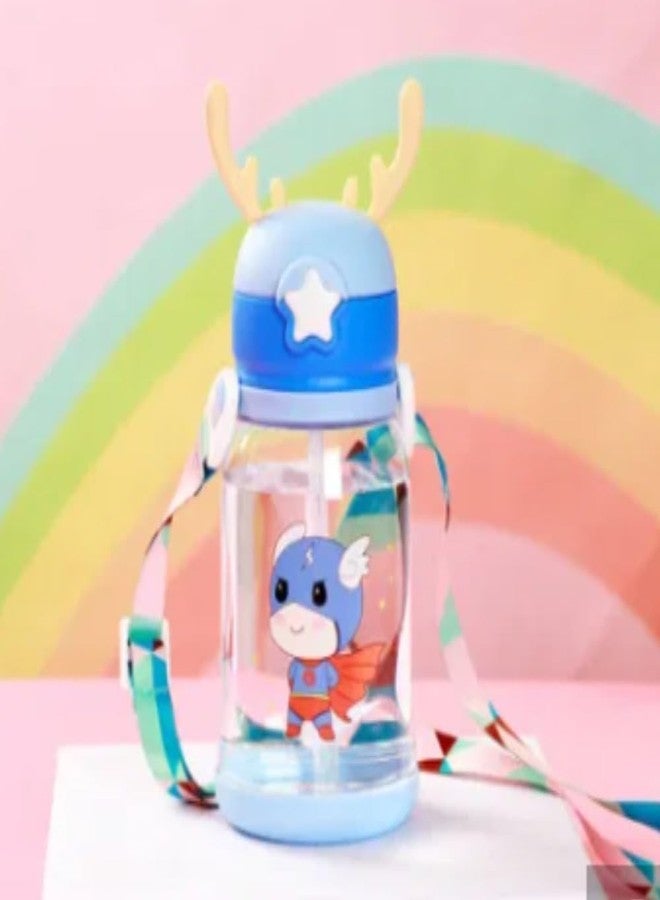 RPC99 Cartoon Designed Sippy Water Cup Bottle With Straw, Portable Leakproof Plastic Sipper Water Bottle With Strap for Kids and Toddlers (Blue) - Image 1