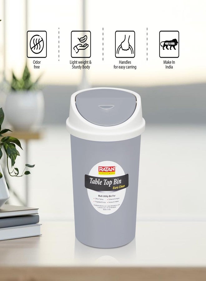 RATAN PLASTICWARE سلة مهملات متوسطة الحجم من راتان بلاستيكوير يورو كلين، بغطاء متأرجح، مثالية لطاولة الدراسة، المكتب، حوض المطبخ، السيارة، وغرفة الأطفال | سلة مهملات أنيقة وصغيرة الحجم - سعة 2 لتر، رمادي - Image 3