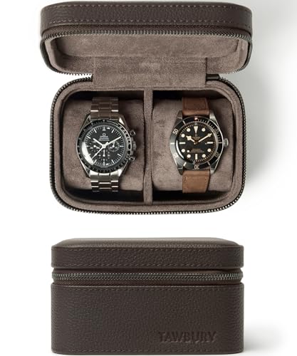 TAWBURY Watch Case - 2 Slot Genuine Top-Grain Leather Watch Travel Case for Men & Women with Metal Zipper and Extra Wide Pillows for Large Watches (Brown) - Image 1