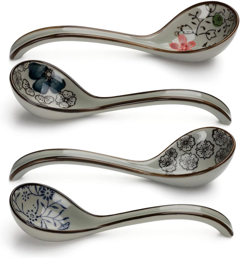 Evannt Ceramic Soup Spoons Set of 4 Porcelain Japanese Soup Spoon Long Handle Asian Soup Spoon Sets for Pho Ramen Noodles Wonton Dumpling Rice (Model 2#) - Image 1