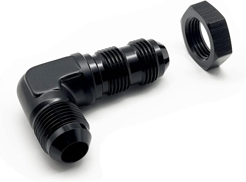 KRD PERFORMANCE Aluminum 90 Degree Elbow 6AN Male Flare Bulkhead Fuel Fitting Union Adapter with AN6 Bulkhead Nut, Black - Image 1