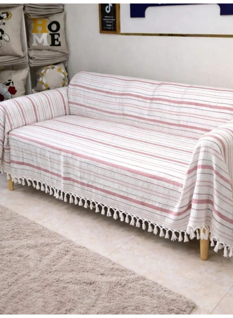 Generic Cotton Fringed Bedspread, Pink and White Striped, 250x240 cm, with Decorative Tassel Edges, Striped Farmhouse Pattern .sr