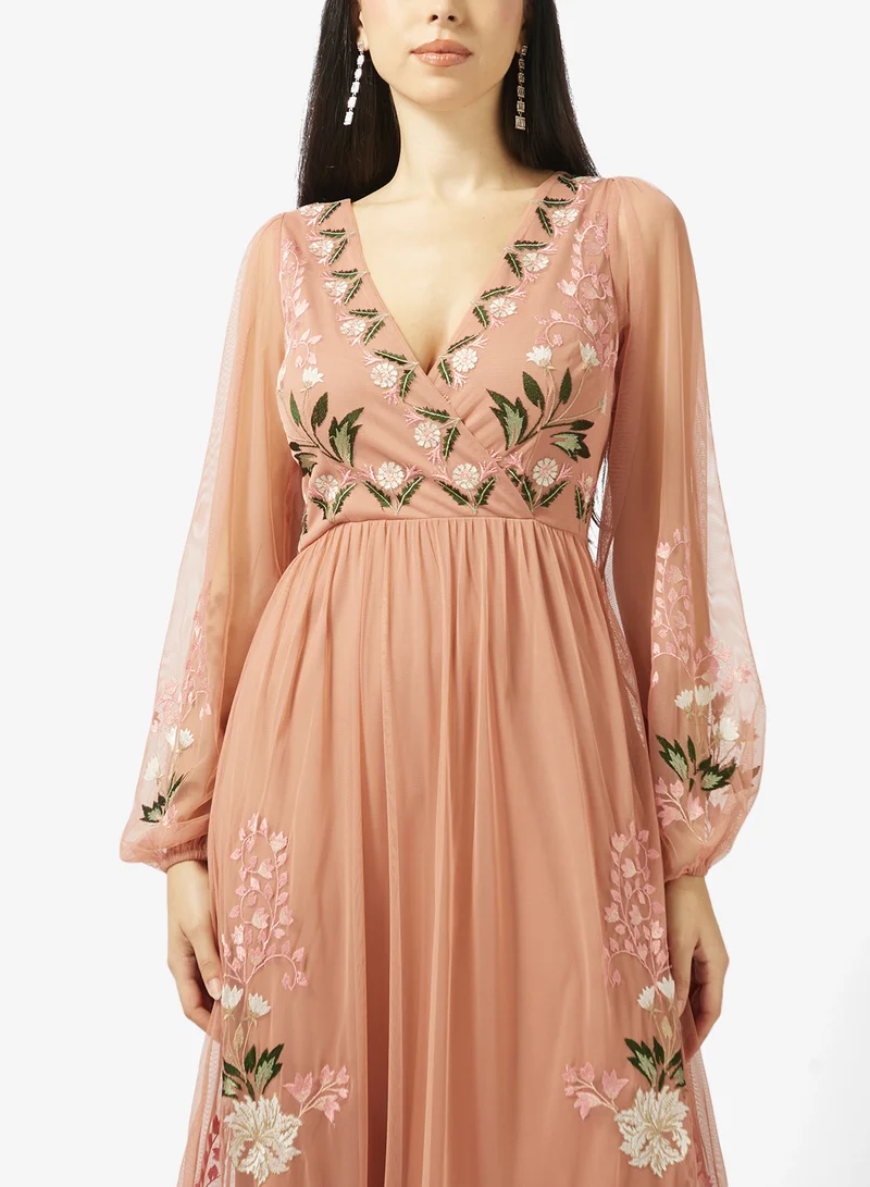 Maya  Embroidered Tulle Wrap Maxi Dress for Women | Best Price UAE