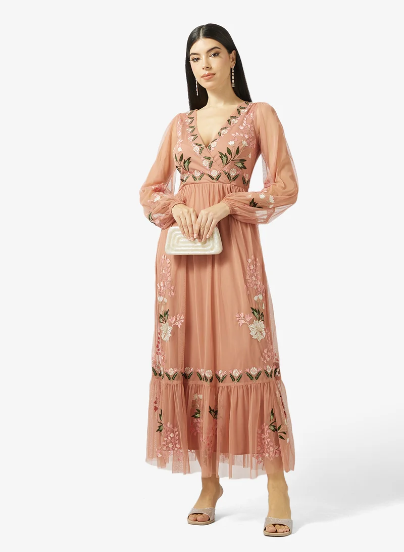 Maya  Embroidered Tulle Wrap Maxi Dress for Women | Best Price UAE
