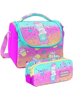 CORAL HIGH Colorful Ice Cream Cat Patterned Girl Thermal Insulated Lunch Bag and Pencil Case Set  - Image 1