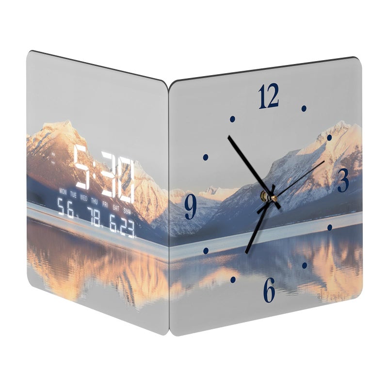 SCOAGE Lighted Analog Wall Clock Smart Digital Calendar Sunrise Lake LED Clock Wall with Temperature Day Corner Modern Wall Clock with Light for Bedroom Garage Living Room Kitchen Decorative 12 Inch - Image 1