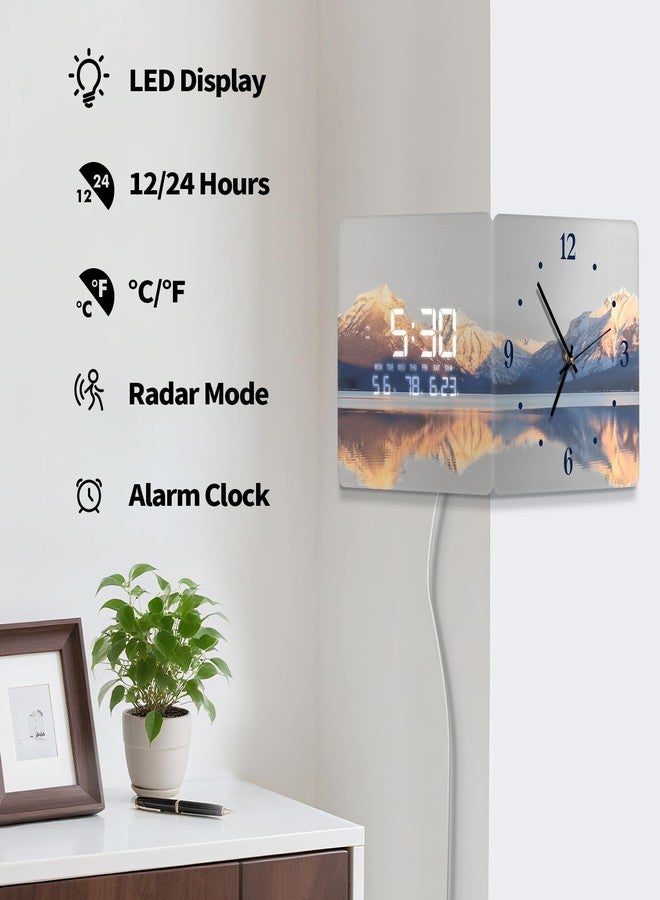 SCOAGE Lighted Analog Wall Clock Smart Digital Calendar Sunrise Lake LED Clock Wall with Temperature Day Corner Modern Wall Clock with Light for Bedroom Garage Living Room Kitchen Decorative 12 Inch - Image 3