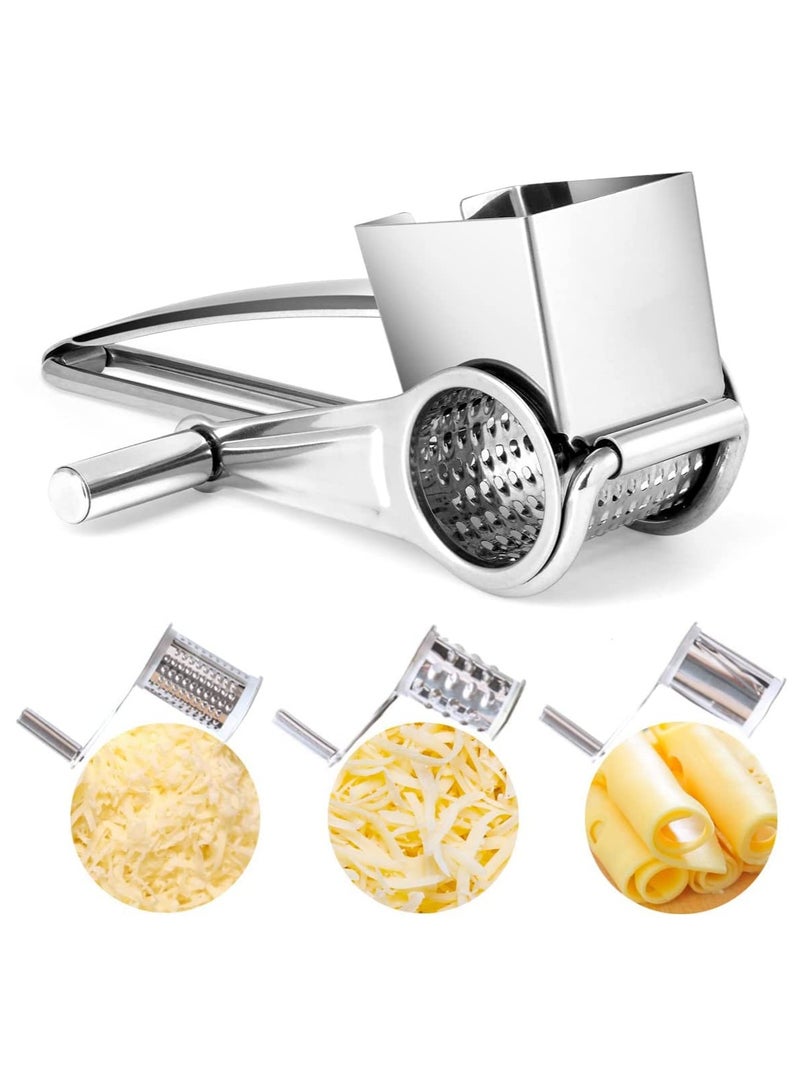 Rotary Cheese Grater, Stainless Steel Manual Handheld Cheese Grater, Shredder Cutter with 3 Drum Blades, for Grating Hard Cheese Chocolate Nuts, Food Grade Stainless Steel, Dishwasher Safe - Image 1