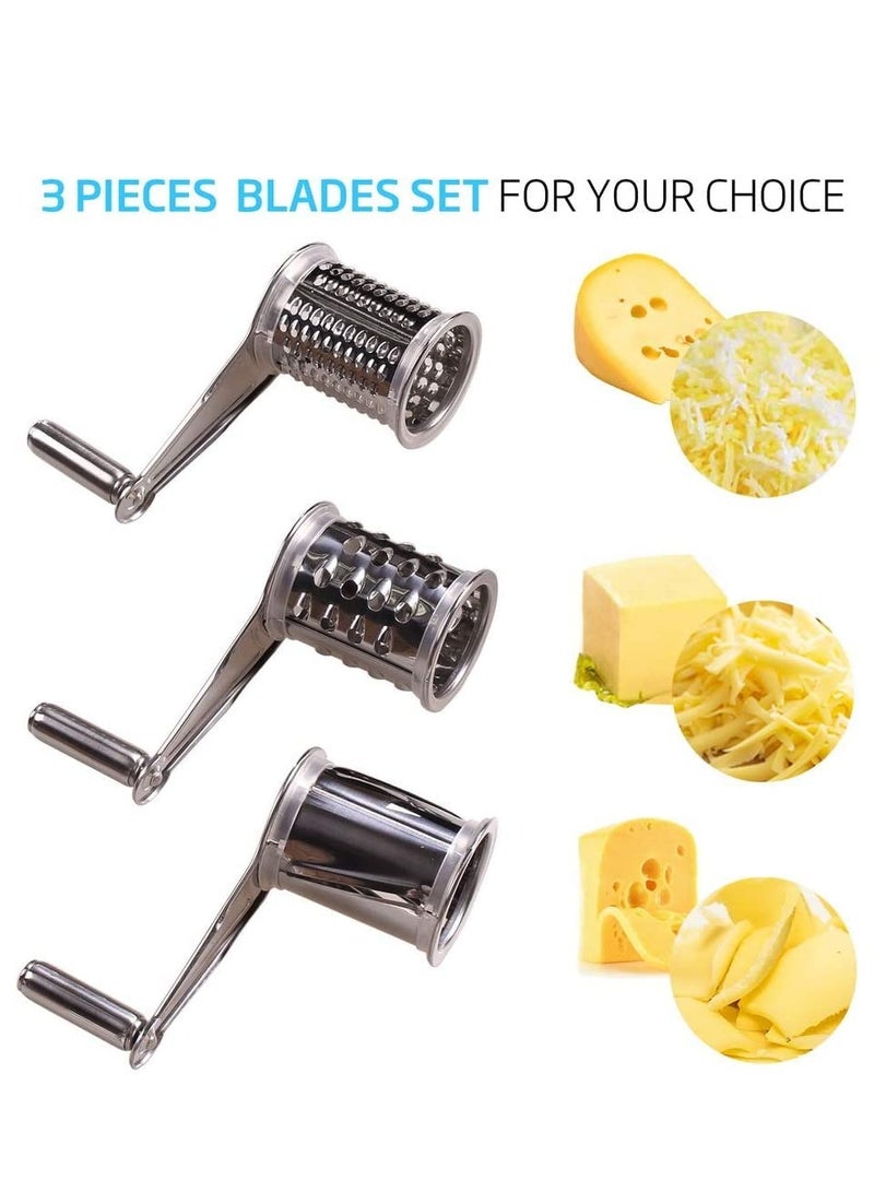 Rotary Cheese Grater, Stainless Steel Manual Handheld Cheese Grater, Shredder Cutter with 3 Drum Blades, for Grating Hard Cheese Chocolate Nuts, Food Grade Stainless Steel, Dishwasher Safe - Image 3