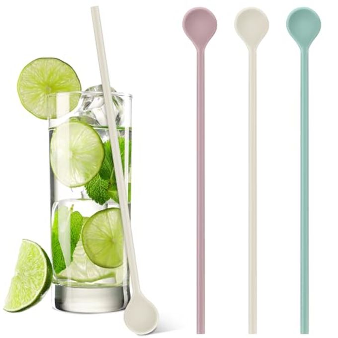 Reallnaive 3 Pcs 10" Silicone Stirrer Stick Spoon Reusable Long Cocktail Coffee Stirrers Iced Tea Spoon Swizzle Stirs Stick Multipurpose for Whiskey Beverage Formula Mixing Milk(Green,Pink,White)