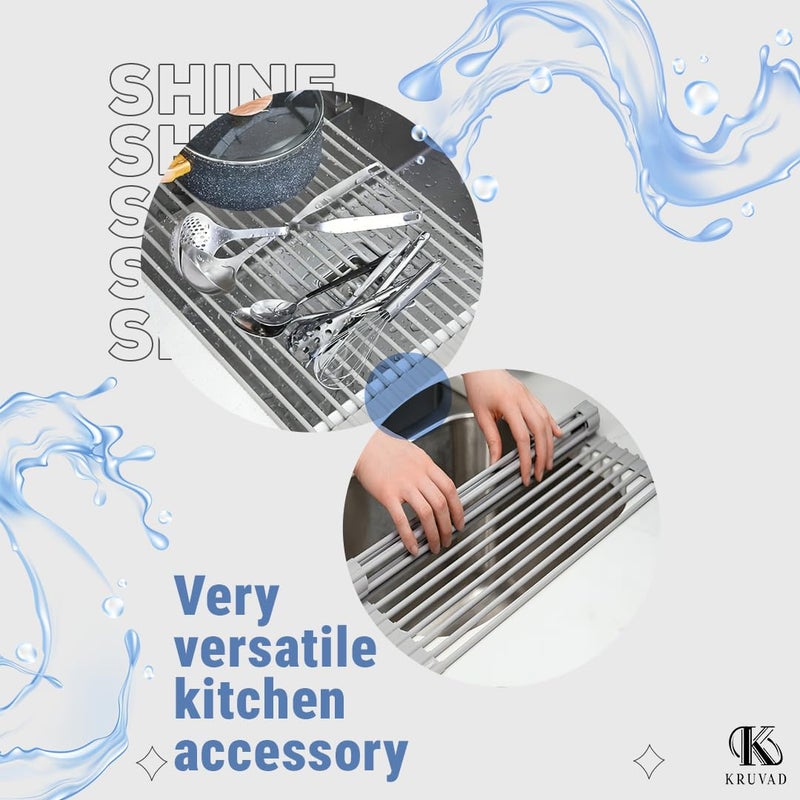 Kruvad Over The Sink Drying Mat Dish Roll Multipurpose Dish Drainer Fruits Vegetable Rinser SiliconeCoated Stainless Steel Warm Gray Large 52 x 345 Dish Roll Rack - Image 4