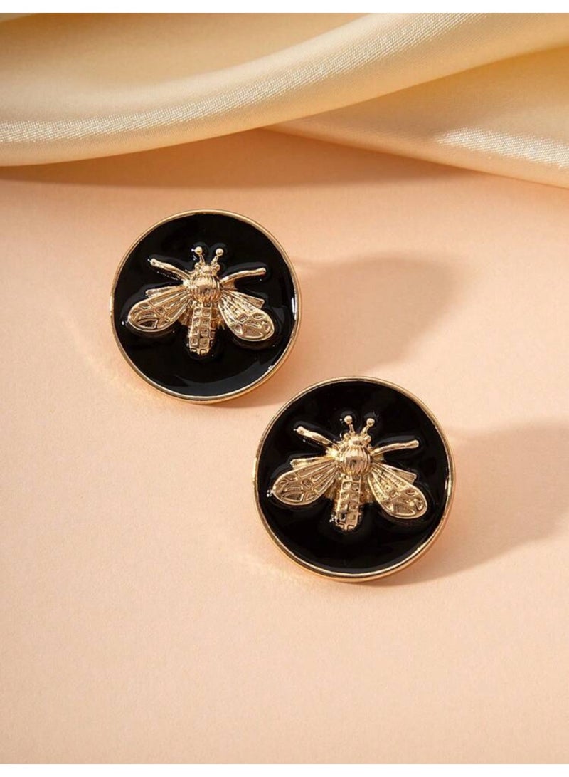 Bee Line Elegant Black Earrings For Women Decorated With Gold Bee In Trendy Design - Image 1