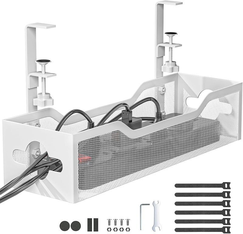 Litwaro Under Desk Cable Management Tray White, Cable Management Under Desk No Drill, Desk Cable Organizer with Clamp for Desk Cord Organizer, Desk Wire Management for Office, Home No Damage to Desk - Image 1