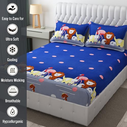FRESH FROM LOOM Glace Cotton Wrinkle Free Soft Hypoallergenic Bed Sheet | Cartoon Printed Double Bedsheets King Size for Kids with 2 Pillow Cover (90x95 Inches/Animal Blue), 144 TC - Image 4