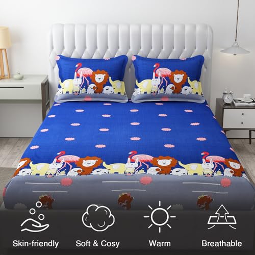 FRESH FROM LOOM Glace Cotton Wrinkle Free Soft Hypoallergenic Bed Sheet | Cartoon Printed Double Bedsheets King Size for Kids with 2 Pillow Cover (90x95 Inches/Animal Blue), 144 TC - Image 5