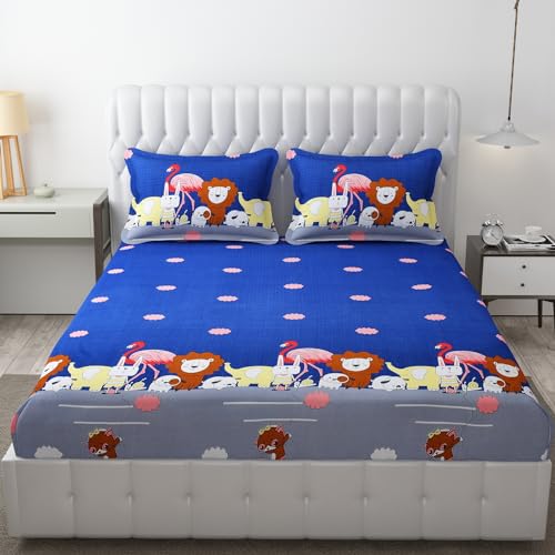 FRESH FROM LOOM Glace Cotton Wrinkle Free Soft Hypoallergenic Bed Sheet | Cartoon Printed Double Bedsheets King Size for Kids with 2 Pillow Cover (90x95 Inches/Animal Blue), 144 TC - Image 1