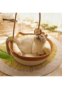 A.M Handwoven Cotton Rope Cat Bed Cat Hammock Foldable Sleeping Nest Basket Handmade Natural Cradle Scratcher Cuddler for Kitten Cute Style with a Playing Rope Ball  - Image 1