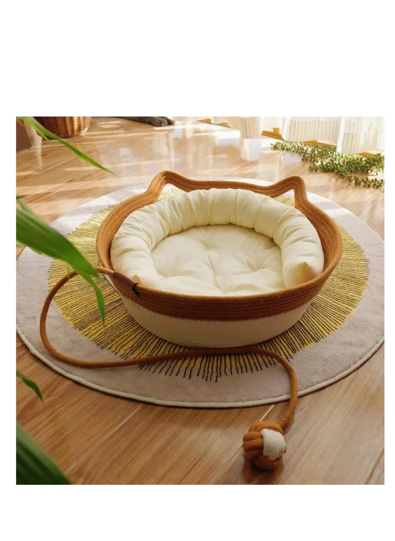 A.M - Handwoven Cotton Rope Cat Bed Cat Hammock Foldable Sleeping Nest Basket Handmade Natural Cradle Scratcher Cuddler for Kitten Cute Style with a Playing Rope Ball - Image 1