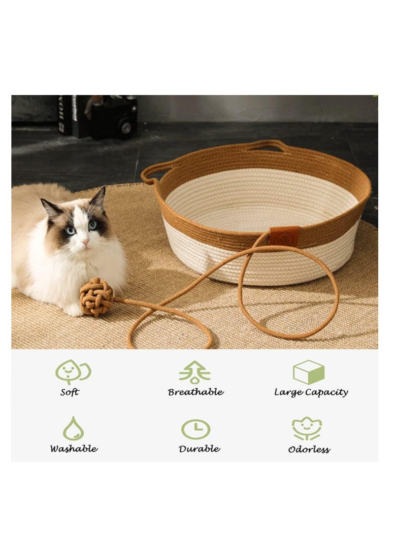 A.M - Handwoven Cotton Rope Cat Bed Cat Hammock Foldable Sleeping Nest Basket Handmade Natural Cradle Scratcher Cuddler for Kitten Cute Style with a Playing Rope Ball - Image 1