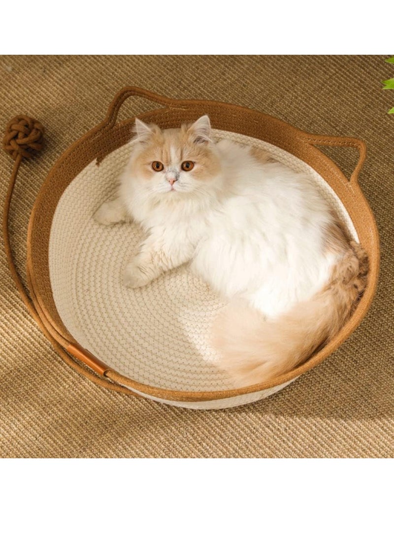 A.M - Handwoven Cotton Rope Cat Bed Cat Hammock Foldable Sleeping Nest Basket Handmade Natural Cradle Scratcher Cuddler for Kitten Cute Style with a Playing Rope Ball - Image 1