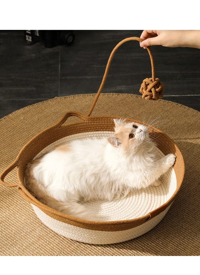 A.M - Handwoven Cotton Rope Cat Bed Cat Hammock Foldable Sleeping Nest Basket Handmade Natural Cradle Scratcher Cuddler for Kitten Cute Style with a Playing Rope Ball - Image 1