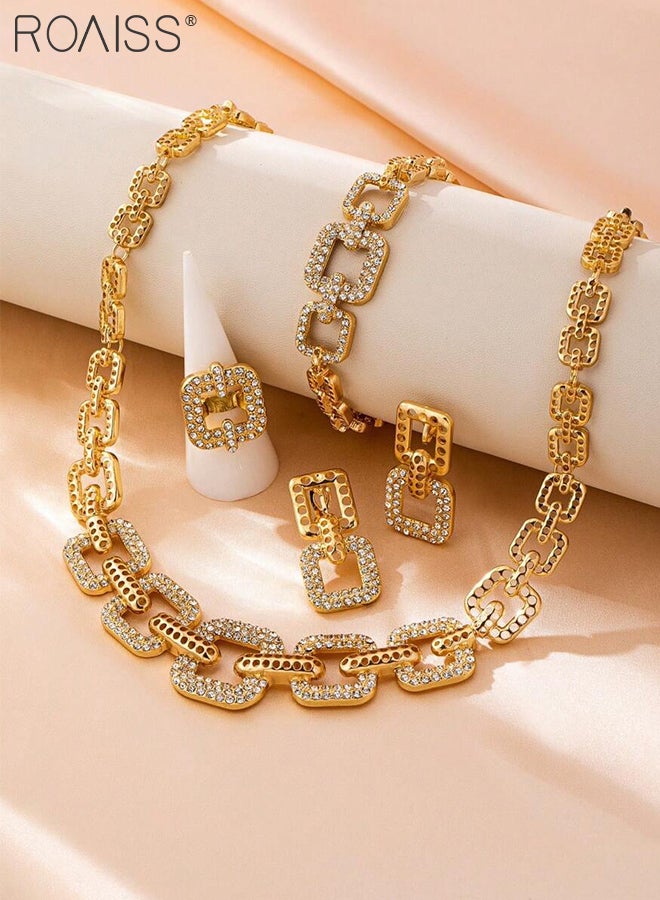 رويس طقم مجوهرات مكون من 5 قطع بسلسلة مربعة، يضم قلادة وسوار وخاتم وأقراط فاخرة ورائعة، مناسبة للحفلات والمهرجانات، إكسسوارات أنيقة وعصرية - Image 4