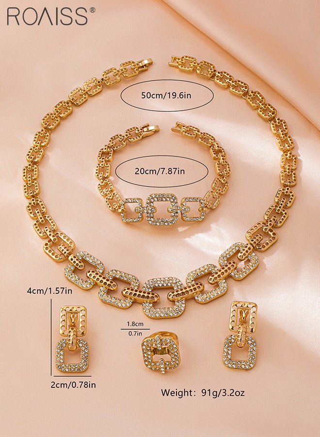 رويس طقم مجوهرات مكون من 5 قطع بسلسلة مربعة، يضم قلادة وسوار وخاتم وأقراط فاخرة ورائعة، مناسبة للحفلات والمهرجانات، إكسسوارات أنيقة وعصرية - Image 2