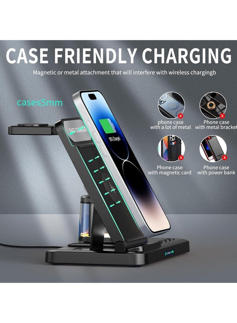 واي آند دي Wireless Charger - 5 in 1 Fast Foldable Stand Dock- Inductive Charging Station With Ambient Light and Clock Function, for Multiple Devices Apple, iPhone 15 14 13 12 Pro Max - Image 3