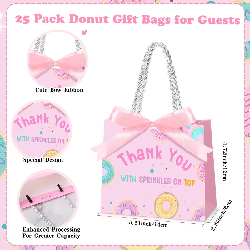 Kolldenn 25 Pack Donut Gift Bags Bulk 5.5 x 2.4 x 4.7 Inches Thank You Pink Goodie Treat Bags with Handles and Bow Ribbon for Girl's Sweet One Baby Shower Birthday Party Supplies - Image 2