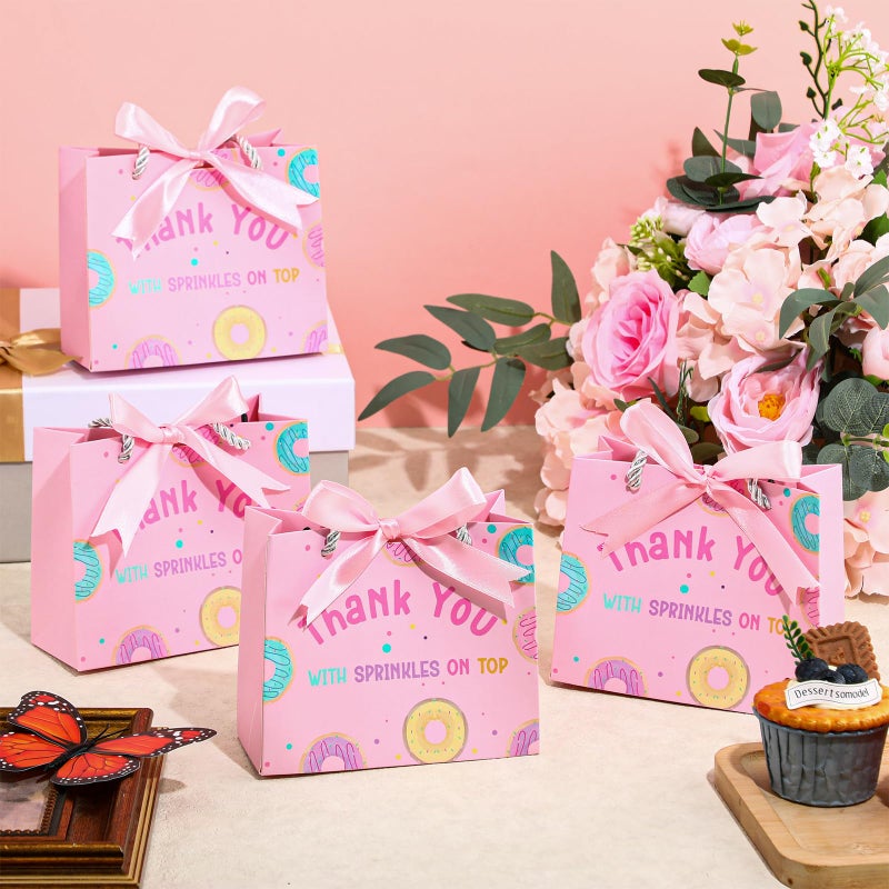 Kolldenn 25 Pack Donut Gift Bags Bulk 5.5 x 2.4 x 4.7 Inches Thank You Pink Goodie Treat Bags with Handles and Bow Ribbon for Girl's Sweet One Baby Shower Birthday Party Supplies - Image 3