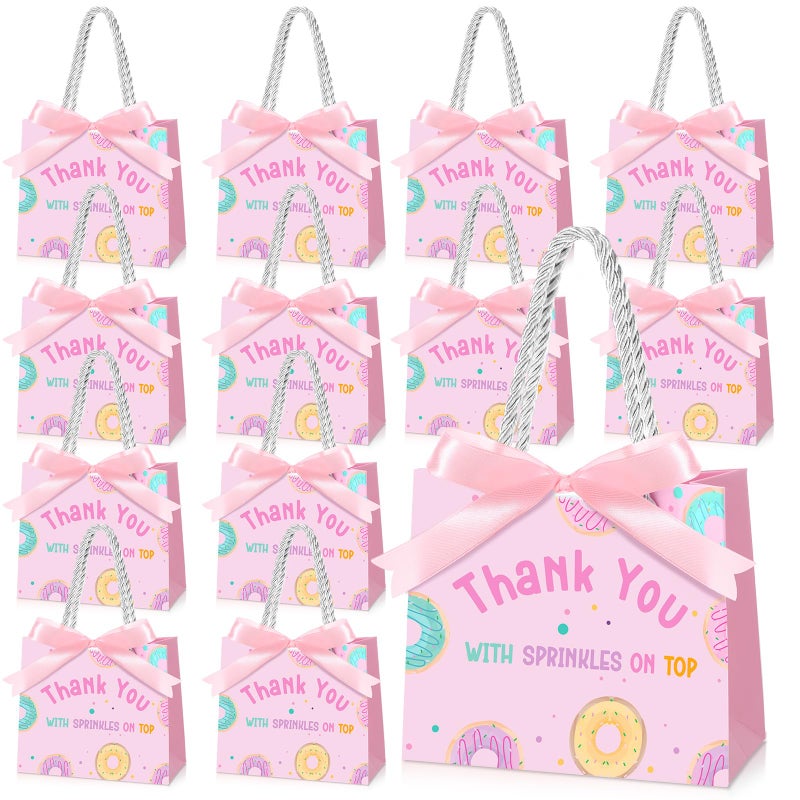 Kolldenn 25 Pack Donut Gift Bags Bulk 5.5 x 2.4 x 4.7 Inches Thank You Pink Goodie Treat Bags with Handles and Bow Ribbon for Girl's Sweet One Baby Shower Birthday Party Supplies - Image 1
