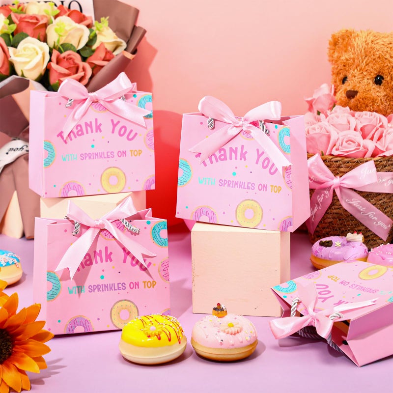 Kolldenn 25 Pack Donut Gift Bags Bulk 5.5 x 2.4 x 4.7 Inches Thank You Pink Goodie Treat Bags with Handles and Bow Ribbon for Girl's Sweet One Baby Shower Birthday Party Supplies - Image 4