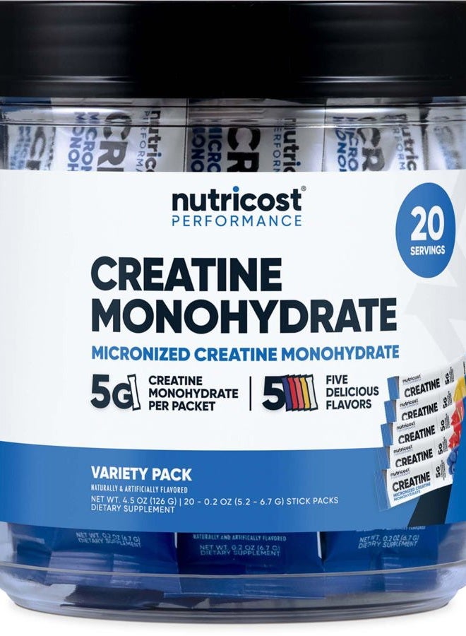 Nutricost مسحوق الكرياتين مونوهيدرات - عبوات متنوعة (5 نكهات، 20 حصة) - مجهرية، 5 جرام من الكرياتين مونوهيدرات لكل عبوة - Image 1