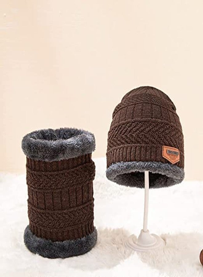 BeFall طقم قبعة شتوية رجالية مع وشاح، قبعات محبوكة دافئة، قبعة صوفية، مدفأة للرقبة مع بطانة صوفية سميكة، قبعة شتوية ووشاح للنساء (بني) - Image 2