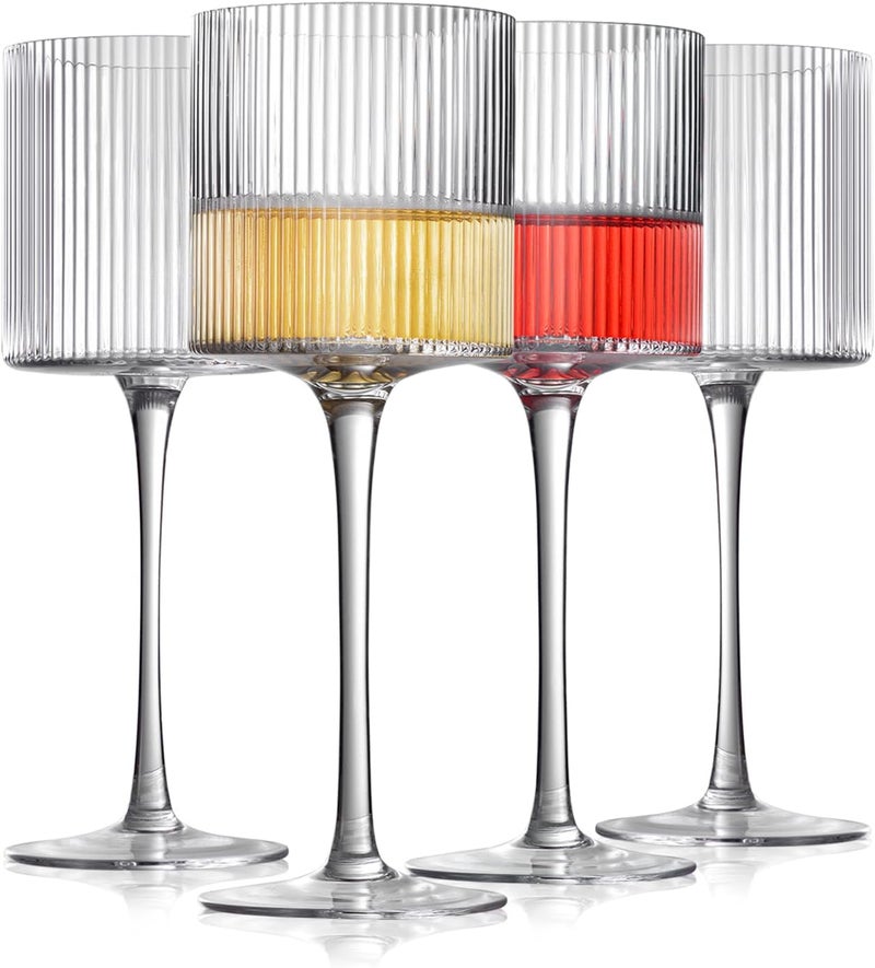 INSETLAN Square Wine Glasses Set of 4, Elegant Ribbed Design Wine Glasses 12.5oz, Long Stem Unique Modern Shape - Hand Blown Premium Wine Glass, For Red & White Wine Home Bar Party - Image 1