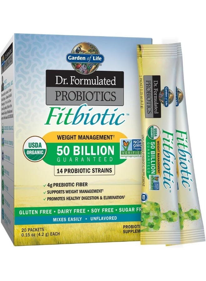 Garden of Life Garden of Life Dr. Formulated Probiotics Fitbiotic Weight Management Powder 50 Billion Cfu & Prebiotic Fiber, Organic & Non-Gmo Digestive Gut Health Probiotic Supplement, 20 Single Serving Packets  - Image 1