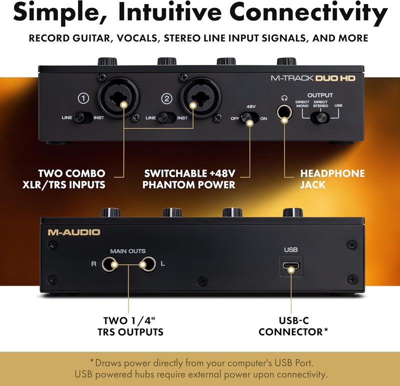 M-Audio Classic practical design M-Track Duo HD Audio Interface 24bit 192kHz for Recording, Streaming, Podcasting with USB-C, 2 XLR TRS Inputs, 2 TRS Outputs, Software Suite Ventilated design - Image 4