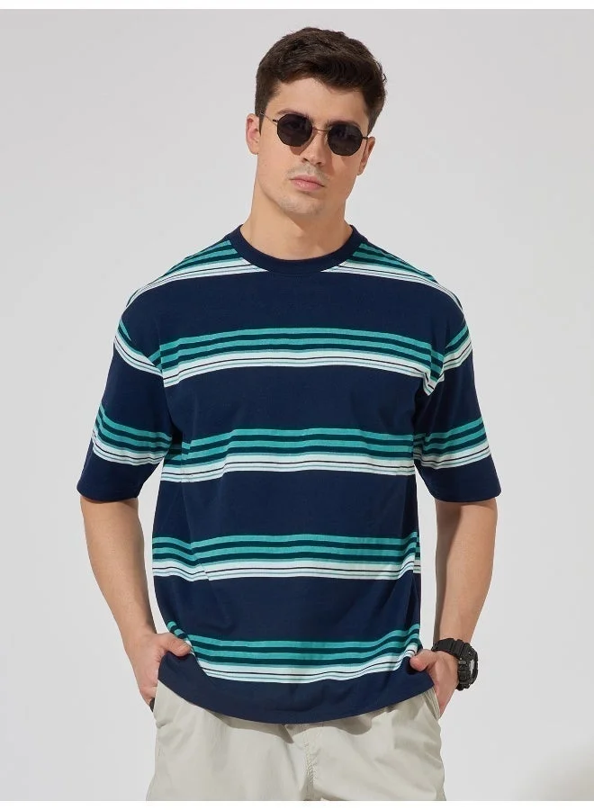 Maniac Maniac Mens Striped Round Neck Half Sleeve Navy and White Cotton Slim Fit T-Shirt