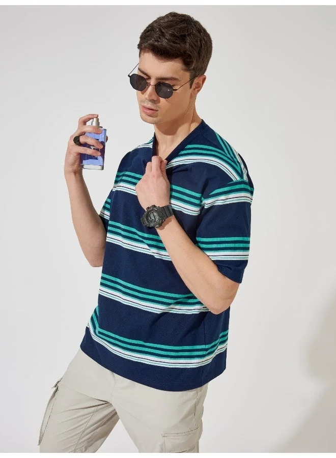 Maniac Maniac Mens Striped Round Neck Half Sleeve Navy and White Cotton Slim Fit T-Shirt